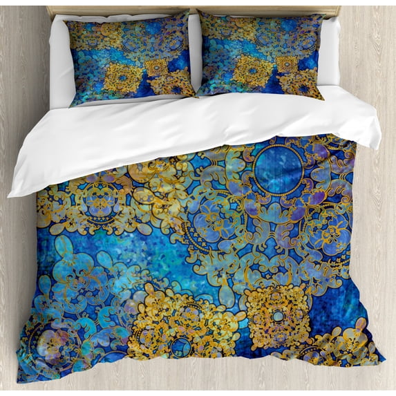 Ethnic Duvet Cover Set, Traditional Persian Motif Oriental Moroccan Effects Exotic Style Boho Design, Decorative 3 Piece Bedding Set with 2 Pillow Shams, Queen Size, Coffee Blue, by Ambesonne