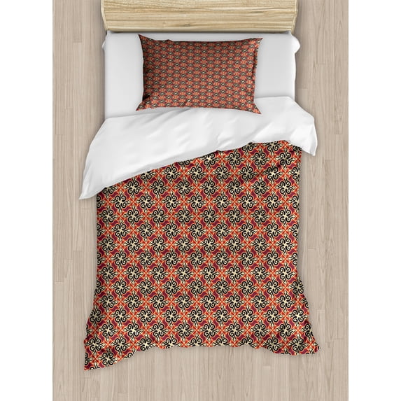 Ethnic Duvet Cover Set, Traditional Uzbek Motifs Illustration, Decorative 2 Piece Bedding Set with 1 Pillow Shams, Twin Size, Salmon Multicolor, by Ambesonne