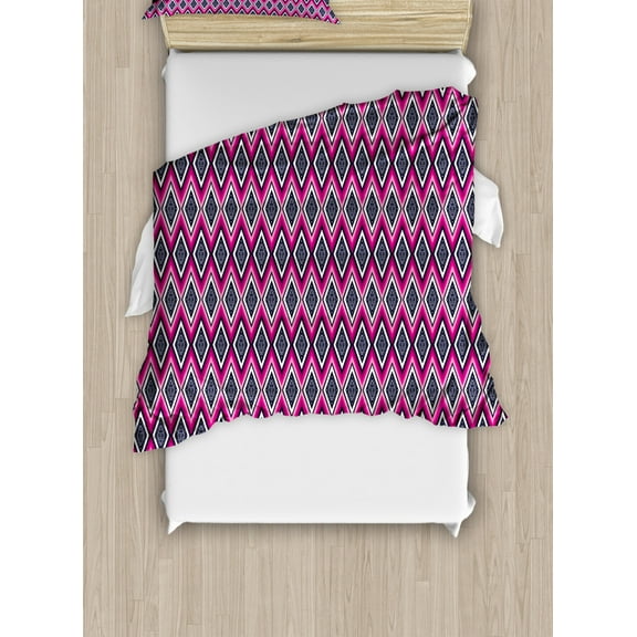 Ethnic Duvet Cover Set Twin Size, Geometric Pattern Traditional Style Chevron Zigzags Pink Tone Stripes and Diamond, Decorative 2 Piece Bedding Set with 1 Pillow Sham, Multicolor, by Ambesonne