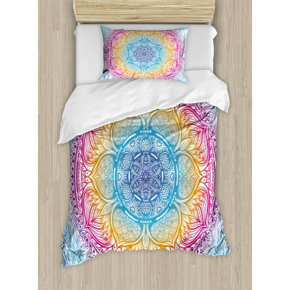 Ethnic Duvet Cover Set Twin Size, Magical Fantastic Design in Vivid Colors Boho Round Figure Blooms Lotus Inspiration, Decorative 2 Piece Bedding Set with 1 Pillow Sham, Multicolor, by Ambesonne