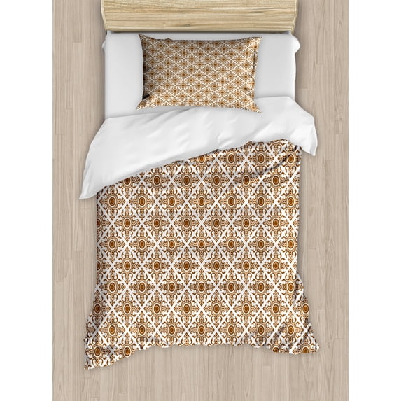 Ethnic Duvet Cover Set Twin Size, Thai Mosaic Art Culture Stylized Abstract Lines Dots Pattern Folk Asian Design, Decorative 2 Piece Bedding Set with 1 Pillow Sham, Redwood White, by Ambesonne