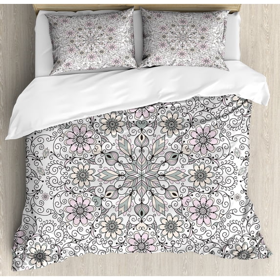 Ethnic Duvet Cover Set, Vintage Abstract Flower Swirls Leaves Doily Style Pastel, Decorative 3 Piece Bedding Set with 2 Pillow Shams, King Size, Pale Pink Pale Grey, by Ambesonne
