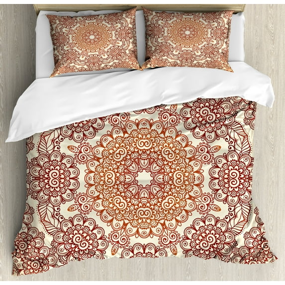 Ethnic Duvet Cover Set, Vintage Round Pattern Style Brown Tones Spring Flowers Illustrations, Decorative 3 Piece Bedding Set with 2 Pillow Shams, Queen Size, Brown Pale Brown, by Ambesonne