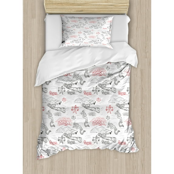 Ethnic Duvet Cover Set, Wall of China Folk Motif with Dragons and Local Men Culture Print, Decorative 2 Piece Bedding Set with 1 Pillow Shams, Twin Size, Dark Grey Red, by Ambesonne