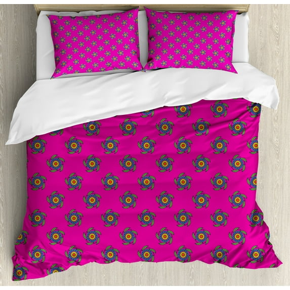 Ethnic Duvet Cover Set, Windmill Inspired Flowers Made with Leaves Cicles and Polka Dots Art, Decorative 3 Piece Bedding Set with 2 Pillow Shams, King Size, Hot Pink Green and Blue, by Ambesonne