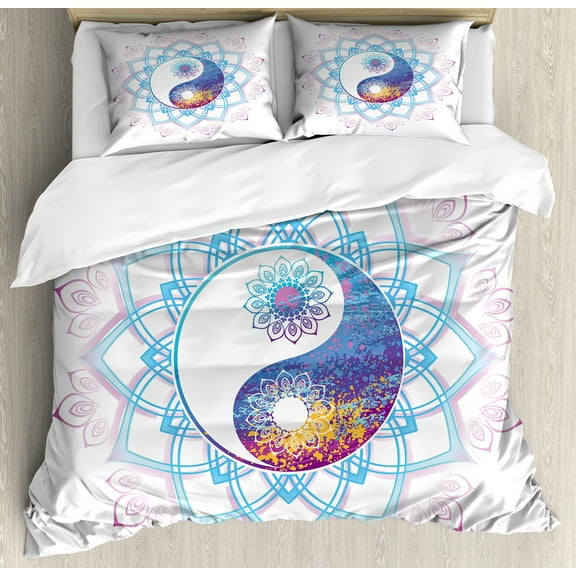 Ethnic Duvet Cover Set, Yin Yang Mandala Hippie Design with Floral Swirl Frame Image, Decorative 3 Piece Bedding Set with 2 Pillow Shams, Calking Size, Purple and Pale Blue, by Ambesonne
