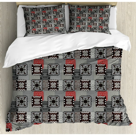 Ethnic Duvet Cover Sets, Ornament Lace Folkloric Circle Shapes Square Forms Retro Art, Bedding Set with 2 Duvet Covers & 4 Pillowcases, 2 Pack King Size, Grey Vermilion Brown, by Ambesonne