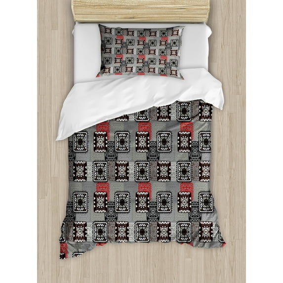Ethnic Duvet Cover Sets, Ornament Lace Folkloric Circle Shapes Square Forms Retro Art, Bedding Set with 2 Duvet Covers & 2 Pillowcases, 2 Pack Twin Size, Grey Vermilion Brown, by Ambesonne