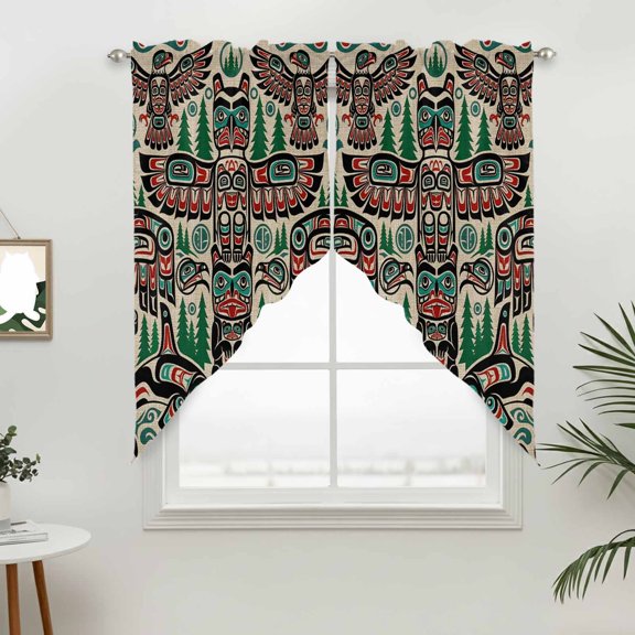 Ethnic Elements Swag Valances for Windows, Forest Tribal Art Red Green Linen Rod Pocket Short Curtains, Machine Washable Kitchen Window Topper for Bathroom Living Room, 28 x 36 Inch, 1 Pair
