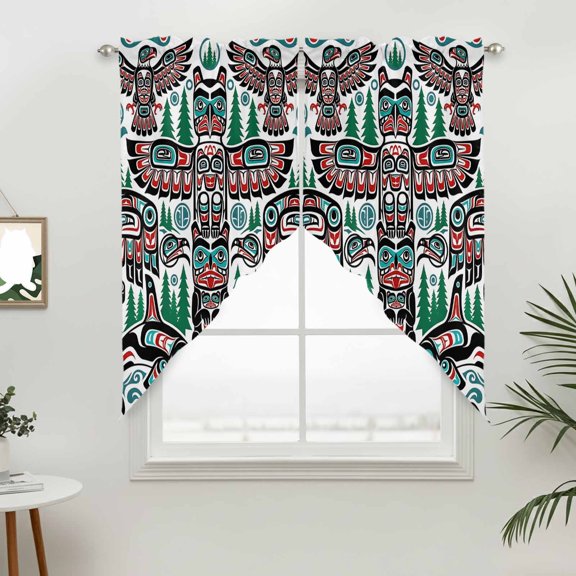Ethnic Elements Swag Valances for Windows, Forest Tribal Art Red Green Rod Pocket Short Curtains, Machine Washable Kitchen Window Topper for Bathroom Living Room, 28 x 36 Inch, 1 Pair