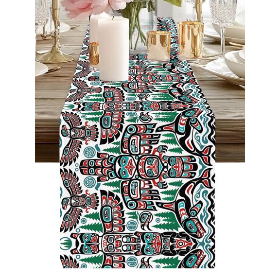 Ethnic Elements Table Runners 48 Inches Long Forest Tribal Art Red Green Kitchen Dining Table Runner Dresser Scarves for Party Coffee Holiday Party Decor