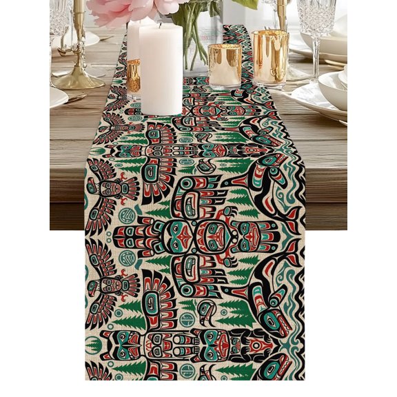 Ethnic Elements Table Runners 48 Inches Long Forest Tribal Art Red Green Linen Kitchen Dining Table Runner Dresser Scarves for Party Coffee Holiday Party Decor