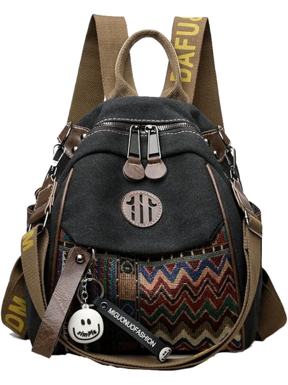 Ethnic Embroidery Backpack for Women Boho Daypacks Vintage Canvas Rucksack Convertible Crossbody Shoulder Handbag Bohemian Style Casual Teenager School Bag Bookbag for Travel Work Black
