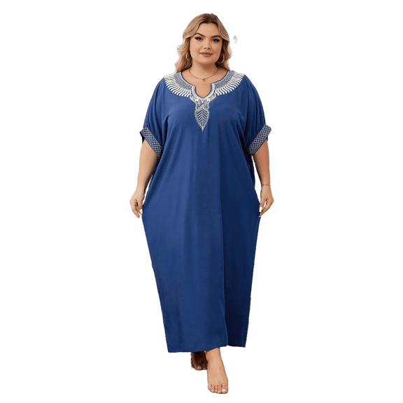 Ethnic Embroidery Beach Maxi Dress for Women Kaftans Loungewear Short Lantern Sleeves Long Caftan Tunic Summer Lightweight moomoo House Wear Casual Evening Dress