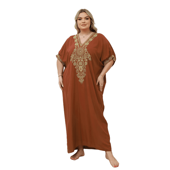 Ethnic Embroidery Beach Maxi Dress for Women Kaftans Loungewear Short Lantern Sleeves Long Caftan Tunic Summer Lightweight moomoo House Wear Casual Evening Dress