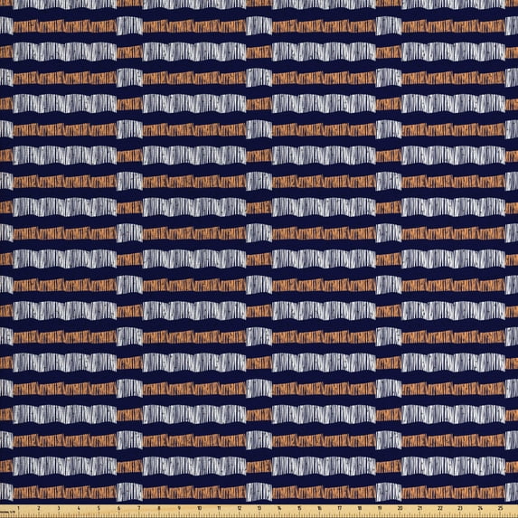 Ambesonne Ethnic Fabric by the Yard Upholstery, Horizontal Irregular Stripes, 5 Yards, Indigo Ginger White
