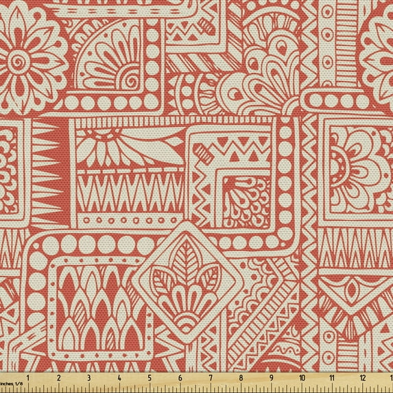 Ambesonne Ethnic Fabric by the Yard Upholstery, Bicolour Oriental Motif Art, 5 Yards, Burnt Sienna Grey Yellow