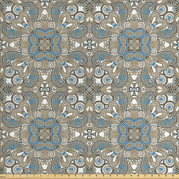 Ethnic Fabric by the Yard, Bohemian Inspired Persian Flowers Vintage Oriental Timeless Motifs, Upholstery Fabric for Dining Chairs Home Decor Accents, Tan Blue White by Ambesonne