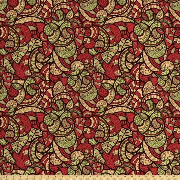 Ambesonne Ethnic Fabric by the Yard Upholstery, Doodle Swirls Floral, 3 Yards, Dark Coral Green Beige