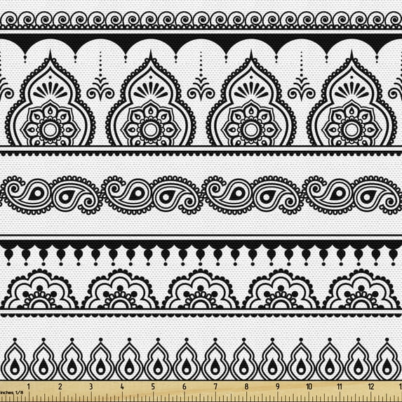 Ambesonne Ethnic Fabric by the Yard Upholstery, Eastern Tattoo Design Art, 1 Yard, White Black