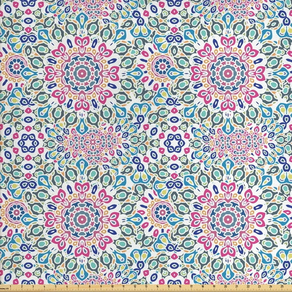 Ambesonne Ethnic Fabric by the Yard Upholstery, Far Eastern Mandala Print, 5 Yards, Multicolor