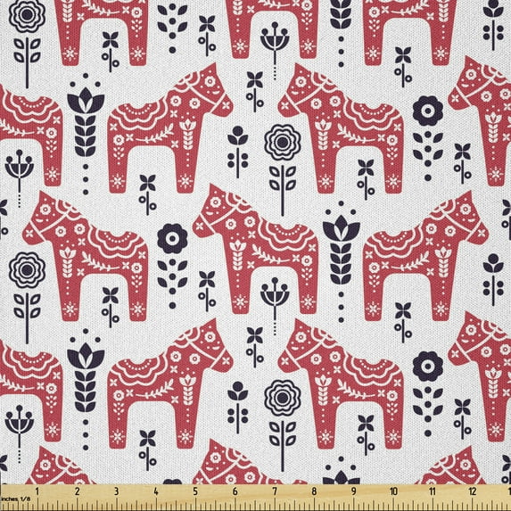 Ethnic Fabric by The Yard, Folk Inspired Swedish Dala Horse with Floral Ornaments Folklore Art, Microfiber Fabric for Arts and Crafts Textiles & Decor, 3 Yards, Coral Indigo, by Ambesonne