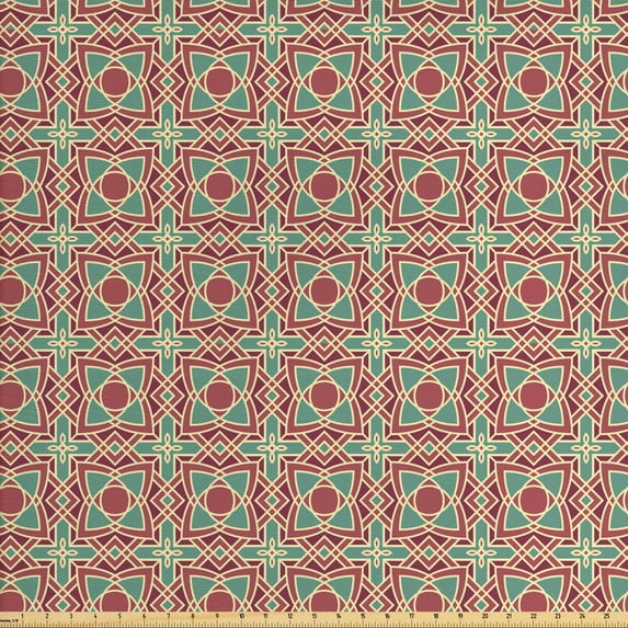 Ambesonne Ethnic Fabric by the Yard Upholstery, Framework Wide Petals, 3 Yards, Maroon Pink Almond Green