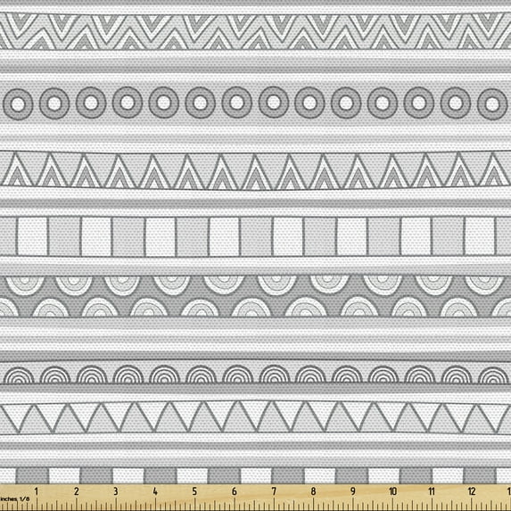 Ethnic Fabric by the Yard, Horizontally Arranged Hand Drawn Triangles and Half Circles Print, Upholstery Fabric for Dining Chairs Home Decor Accents, White Grey by Ambesonne