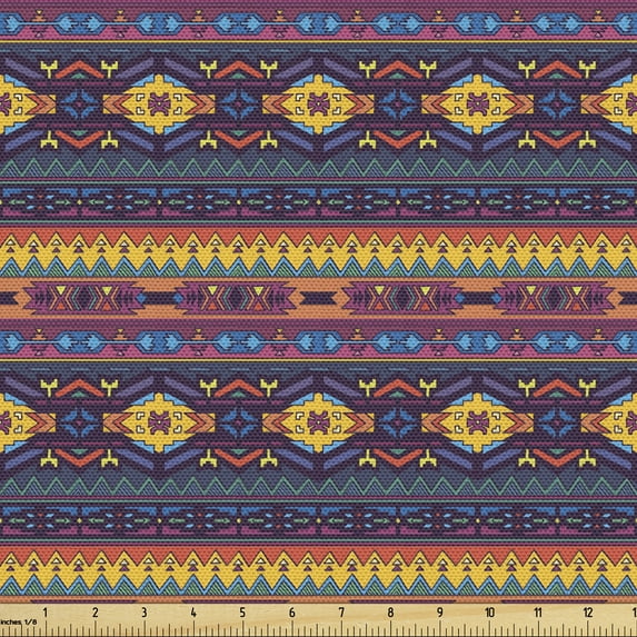Ambesonne Ethnic Fabric by the Yard Upholstery, Colorful Folkloric Pattern, 3 Yards, Multicolor
