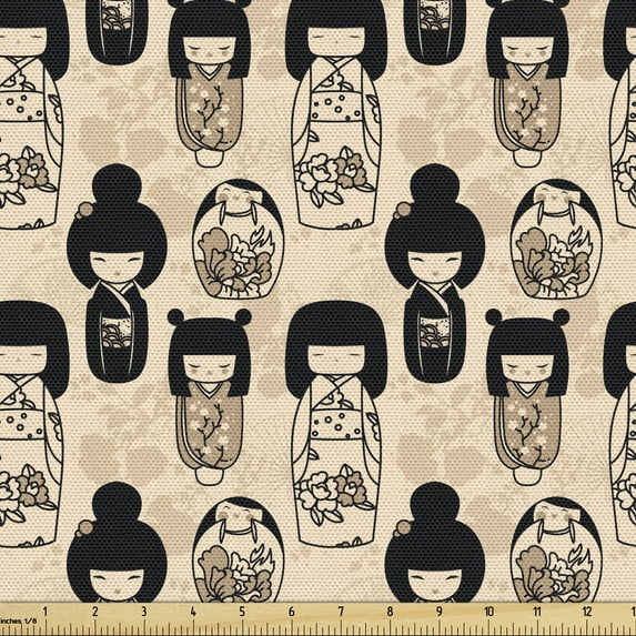 Ambesonne Ethnic Fabric by the Yard Upholstery, Little Kokeshi Dolls, 3 Yards, Beige Black and Tan