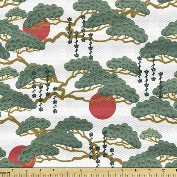 Ambesonne Ethnic Fabric by the Yard Upholstery, Japanese Pattern Sun, 2 Yards, Army Green and Vermilion