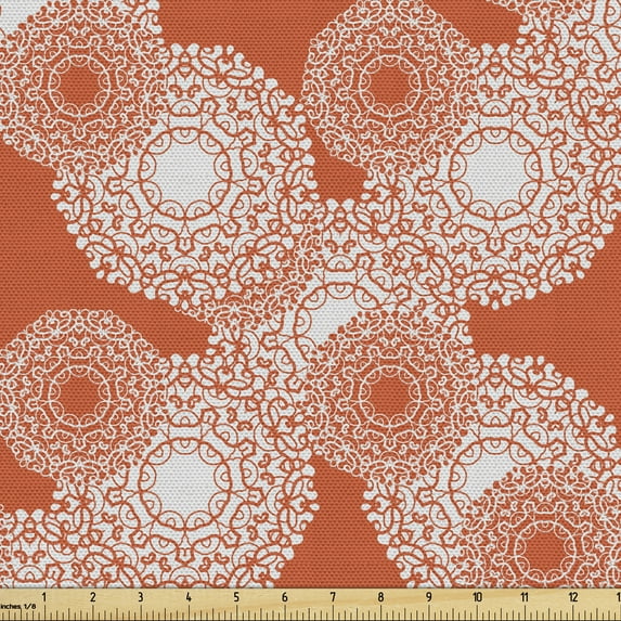 Ethnic Fabric by the Yard, Mandala Look Pattern of Round Medallion Ornaments Oriental Print, Decorative Upholstery Fabric for Chairs & Home Accents, Pale Blue and Burnt Orange by Ambesonne