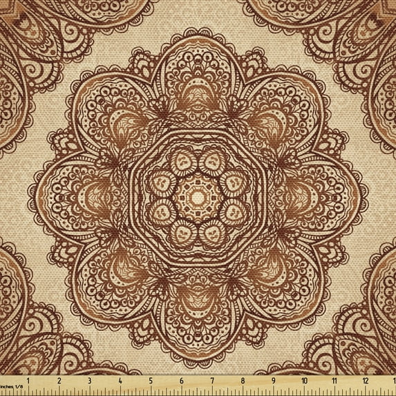 Ambesonne Ethnic Fabric by the Yard Upholstery, Mandala Paisley Floral Art, 1 Yard, Dark Brown Pale Brown