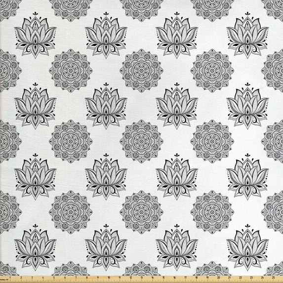 Ambesonne Ethnic Fabric by the Yard Upholstery, Mandala Like Lotus Flower, 10 Yards, Charcoal Grey White