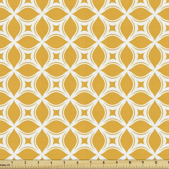 Ambesonne Ethnic Fabric by the Yard Upholstery, Oriental Floral Tile Lattice, 1 Yard, Orange and White