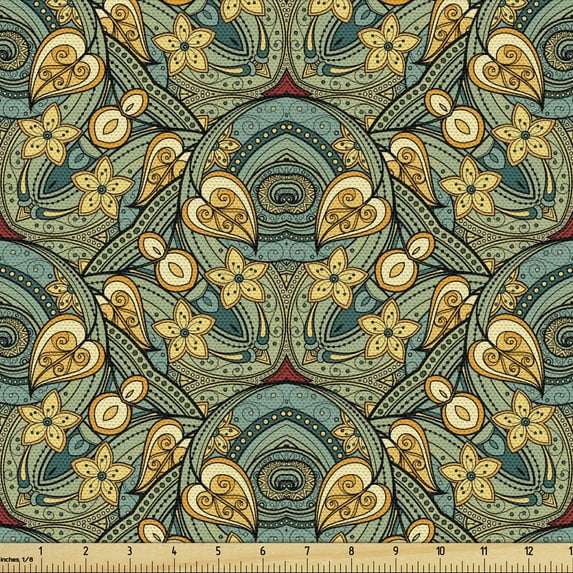 Ambesonne Ethnic Fabric by the Yard Upholstery, Ornamental Vintage Layout, 10 Yards, Laurel Green Mustard