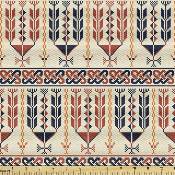 Ethnic Fabric by the Yard, Pattern of Geometric Shapes Arranged in an Style, Upholstery Fabric for Dining Chairs Home Decor Accents, Dark Salmon Eggshell by Ambesonne