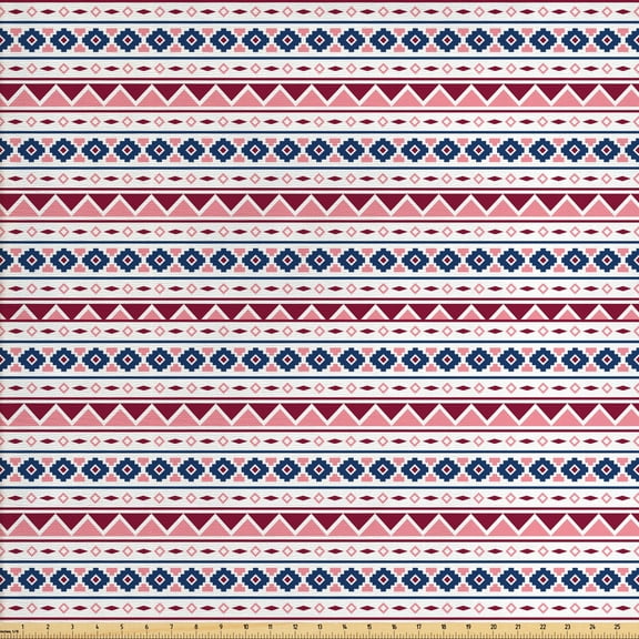 Ethnic Fabric by the Yard, Pattern with Triangles Rhombuses Squares Pastel Illustration, Upholstery Fabric for Dining Chairs Home Decor Accents, Pale Pink Dark Blue by Ambesonne