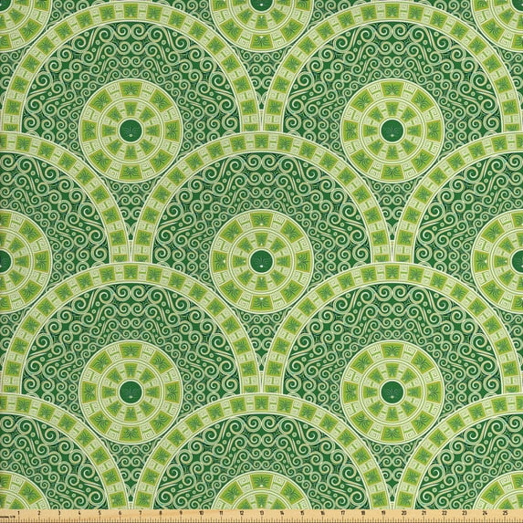Ambesonne Ethnic Fabric by the Yard Upholstery, Antique Cultural Round Motif, 3 Yards, Green Lime Green