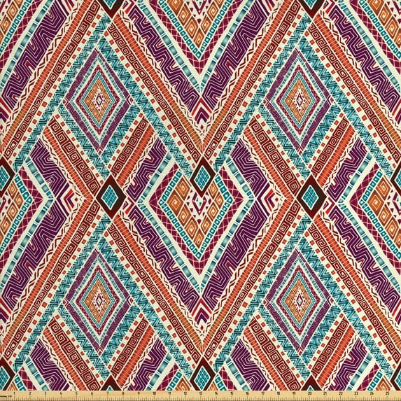 Ambesonne Ethnic Fabric by the Yard Upholstery, Colorful Rhombus Motif, 2 Yards, Multicolor