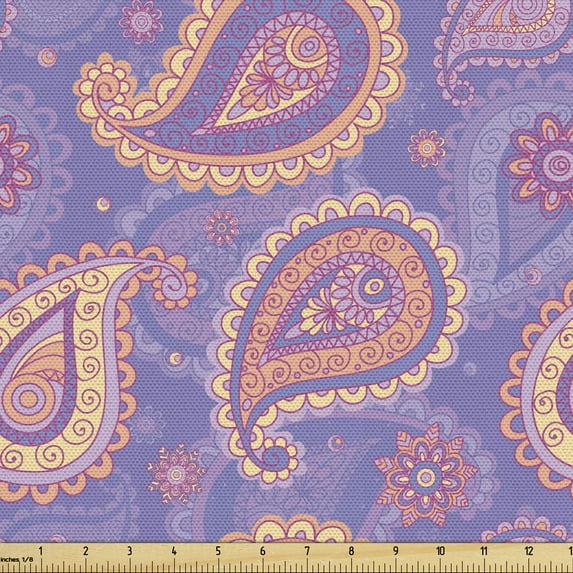 Ethnic Fabric by the Yard, Traditional Bohemian Paisley Pattern Ornamental Persian Psychedelic Folk, Decorative Upholstery Fabric for Sofas and Home Accents, Lavender Peach Cream by Ambesonne