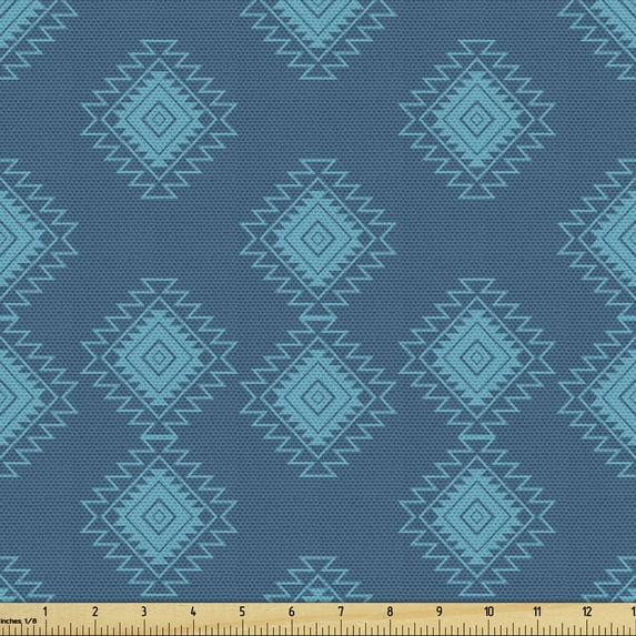Ambesonne Ethnic Fabric by the Yard Upholstery, Bohemian Zigzags Rhombuses, 5 Yards, Dark Sky Blue Sea Blue