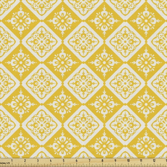 Ambesonne Ethnic Fabric by the Yard Upholstery, Oriental Motifs in Rhombus, 10 Yards, Earth Yellow and White