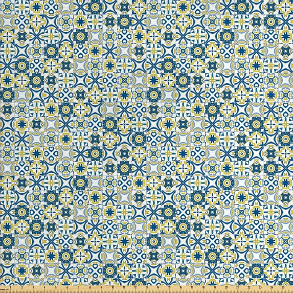 Ambesonne Ethnic Fabric by the Yard Upholstery, Traditional Moroccan, 2 Yards, Blue Yellow White