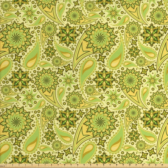 Ambesonne Ethnic Fabric by the Yard Upholstery, Paisley Motifs, 10 Yards, Lime and Avocado Green