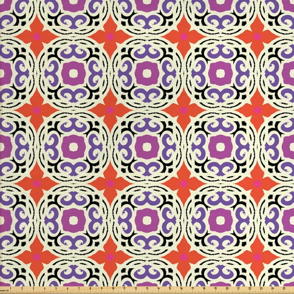 Ethnic Fabric by the Yard, Traditional Pattern of Kazakh and Turkish Motifs and 4 Petal Flower Print, Decorative Upholstery Fabric for Chairs & Home Accents, Multicolor by Ambesonne