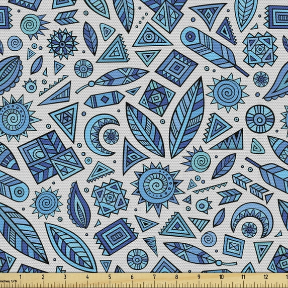 Ambesonne Ethnic Fabric by the Yard Upholstery, Tribal Blue Monochrome Boho, 1 Yard, Pale Grey Azure Blue