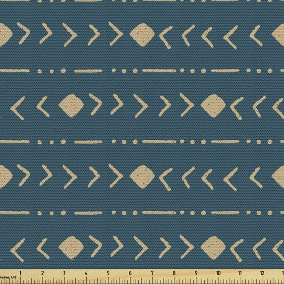 Ethnic Fabric by the Yard, Tribal Inspired Direction Pointers and Rhombus Like Motifs Ethnic Feels, Upholstery Fabric for Dining Chairs Home Decor Accents, Dark Teal and Almond by Ambesonne