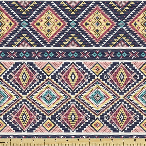 Ambesonne Ethnic Fabric by the Yard Upholstery, Tribal Striped Ornaments, 2 Yards, Multicolor