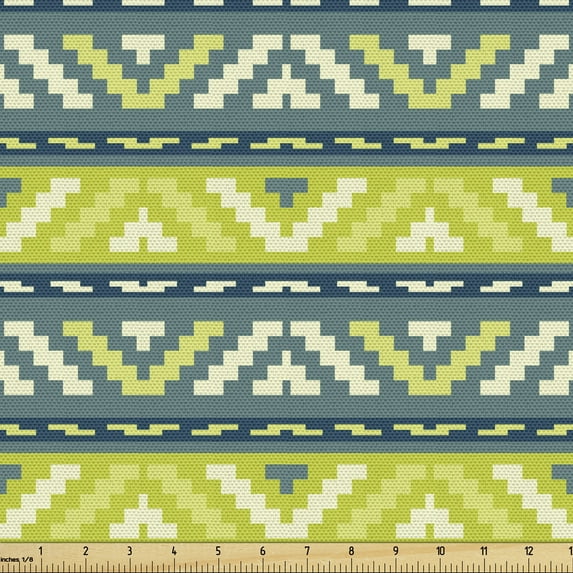 Ambesonne Ethnic Fabric by the Yard Upholstery, Abstract Folk Pattern, 5 Yards, Yellow Green Cadet Blue